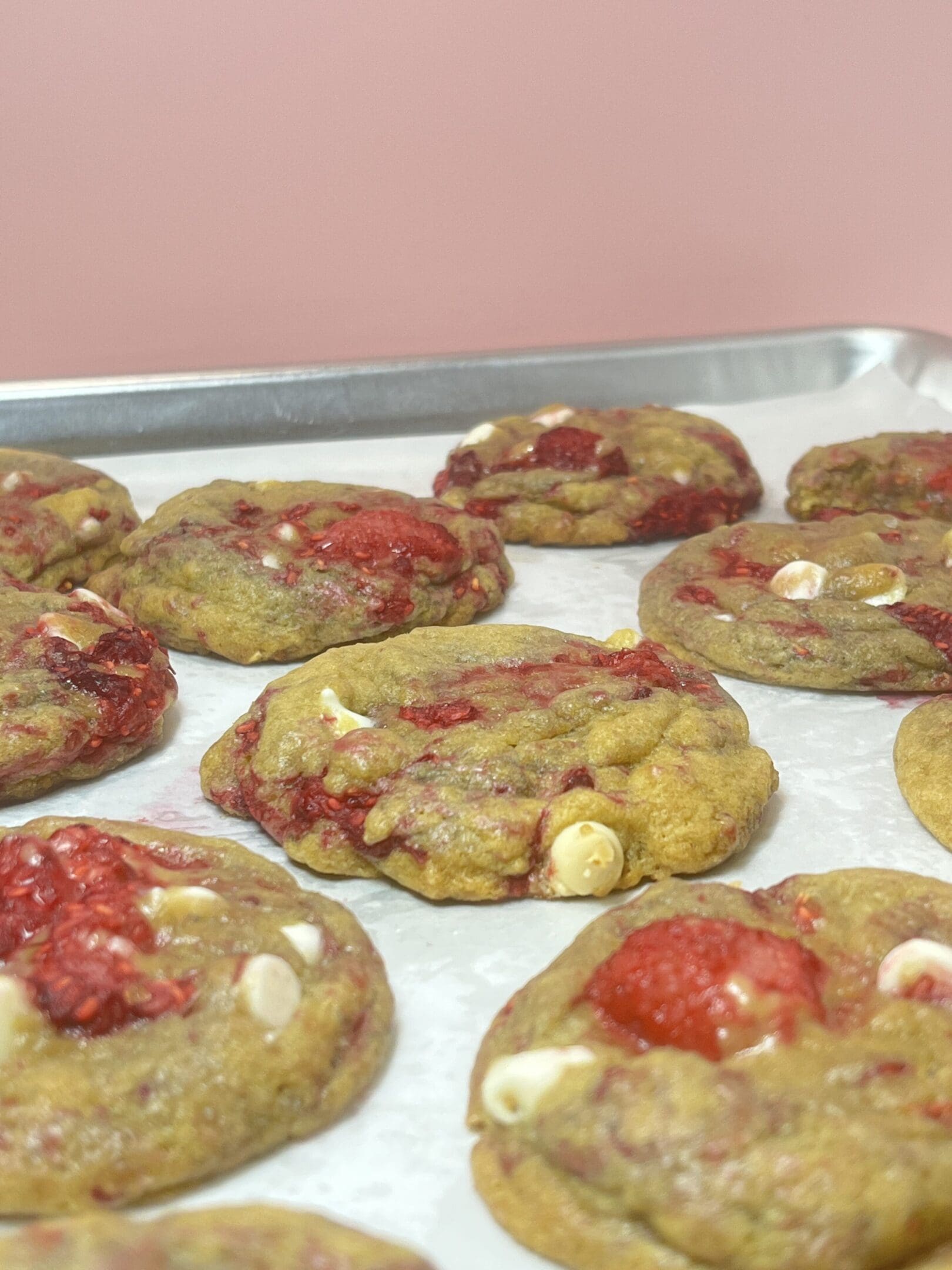 Cookies with strawberries and white chocolate chips.