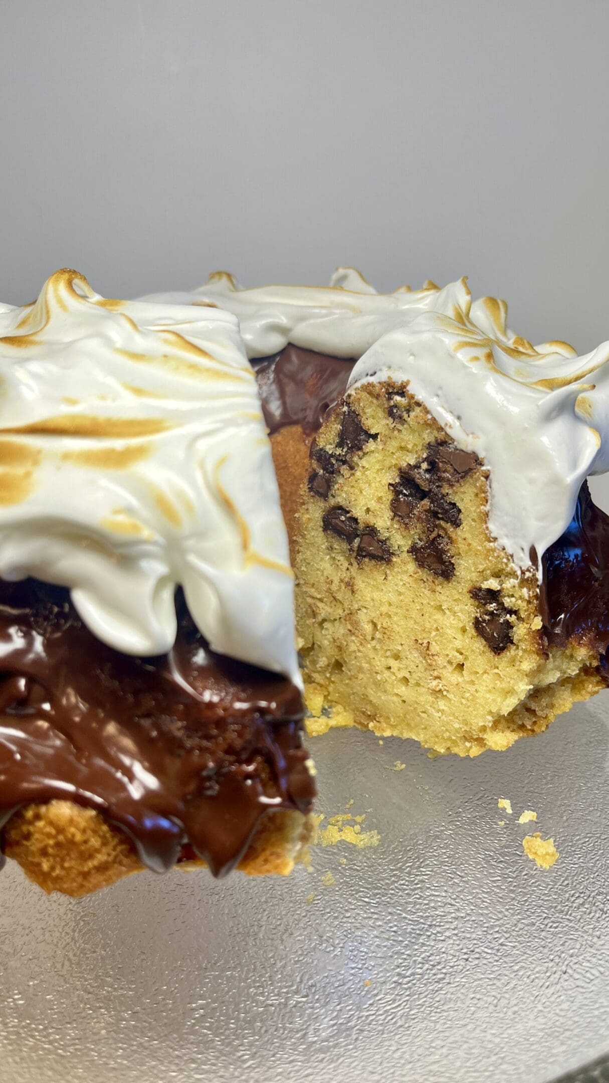 Cake slice with chocolate chips and frosting.