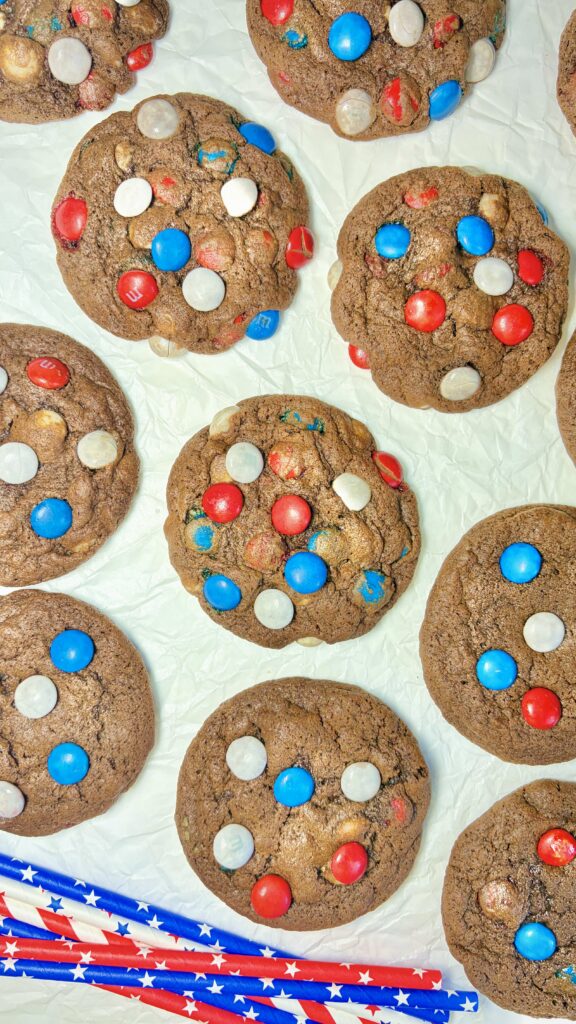 Soft and fudgy patriotic chocolate M&M cookies with festive red, white, and blue candy-coated chocolates.