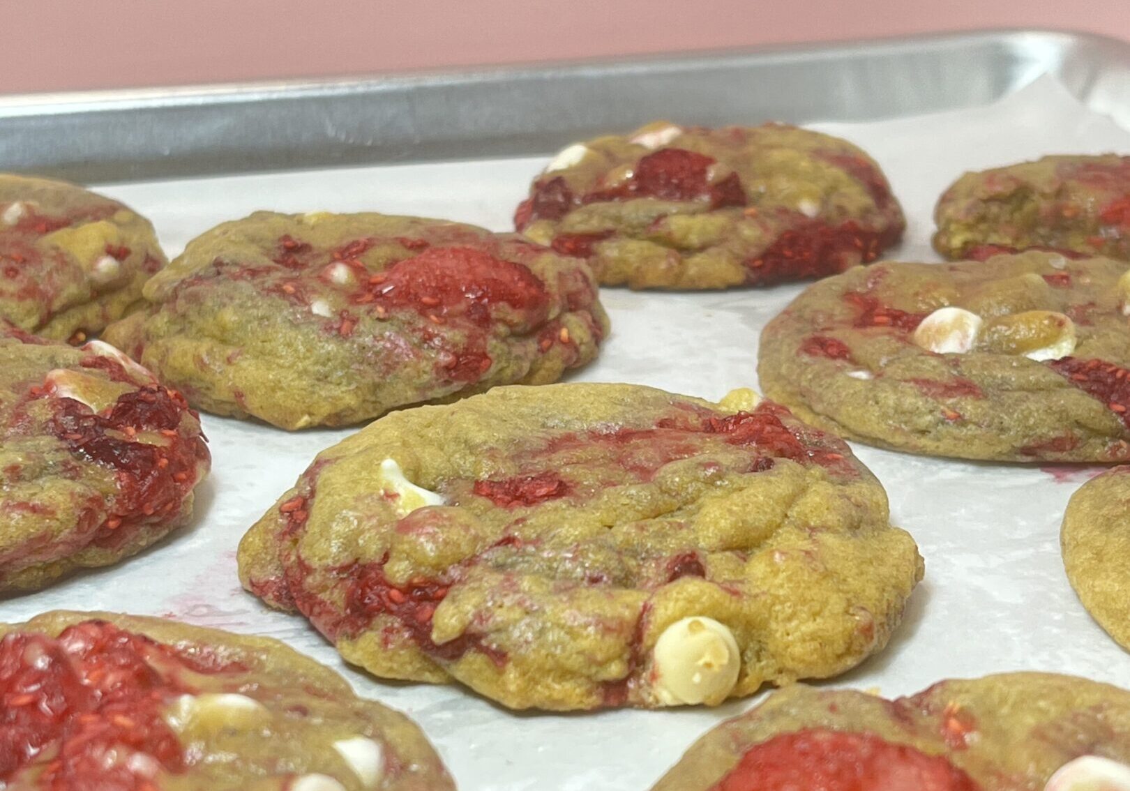Cookies with strawberries and white chocolate chips.