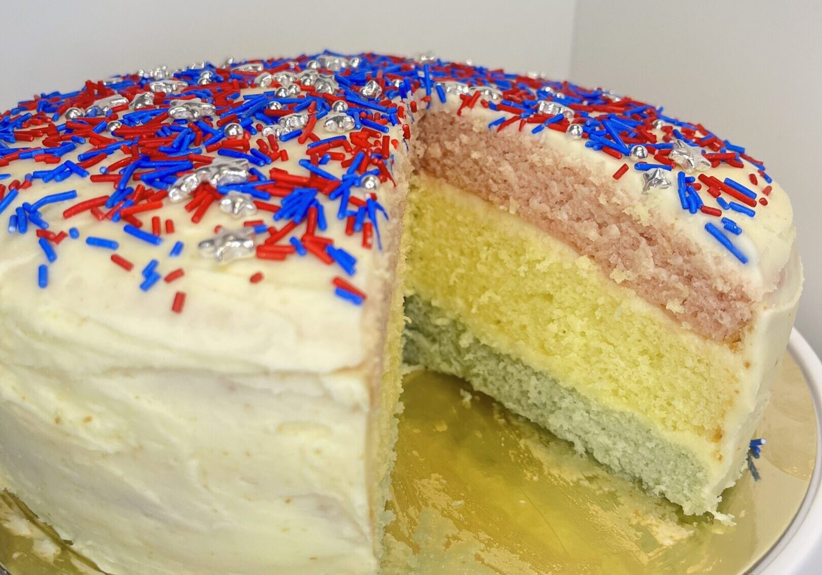 Three-layer cake with colorful sprinkles.