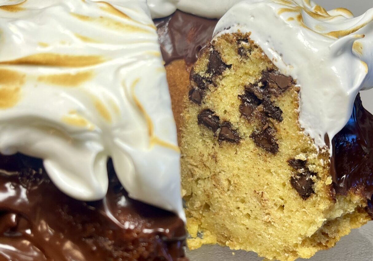Cake slice with chocolate chips and frosting.